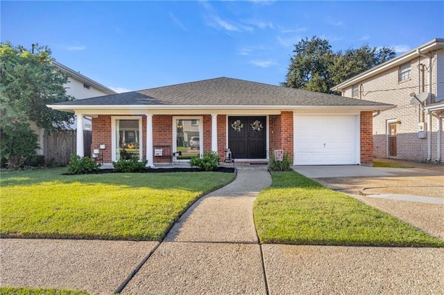 view of front facade featuring a porch, a garage, and a front lawn