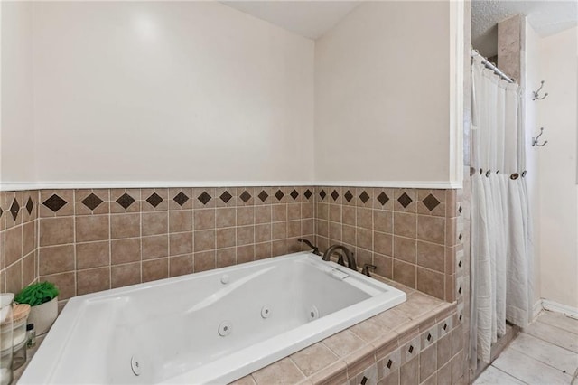 bathroom with tile patterned floors, tile walls, and tiled tub