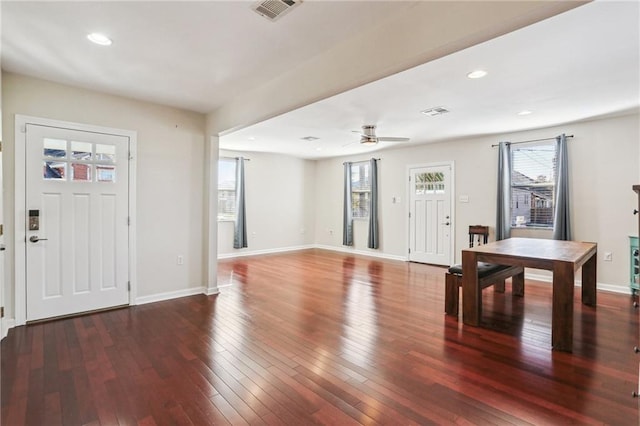 entrance foyer featuring ceiling fan and dark hardwood / wood-style floors