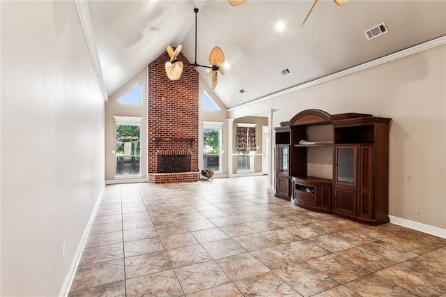 unfurnished living room with ceiling fan, a fireplace, high vaulted ceiling, and ornamental molding