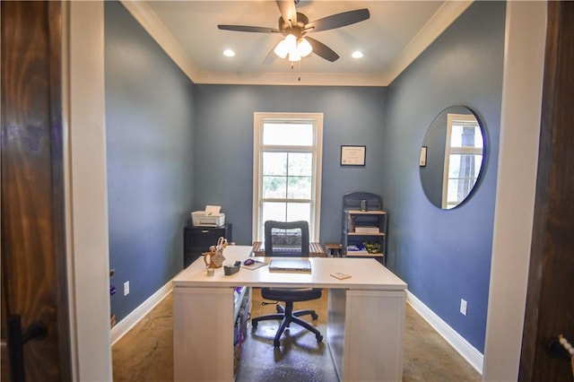 home office featuring ceiling fan and ornamental molding