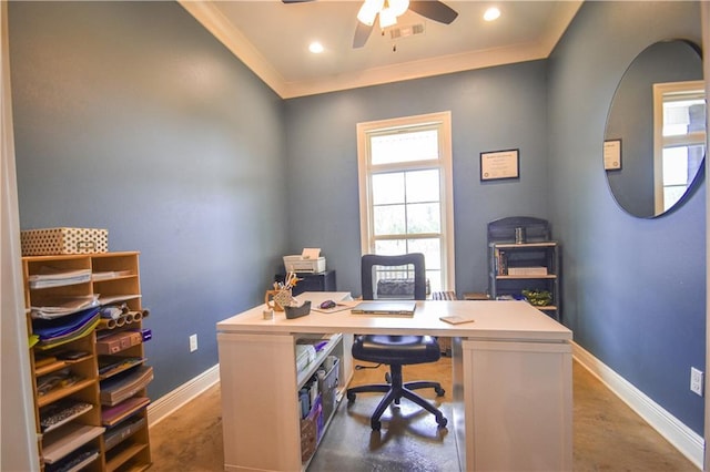 home office with ceiling fan, hardwood / wood-style floors, and ornamental molding