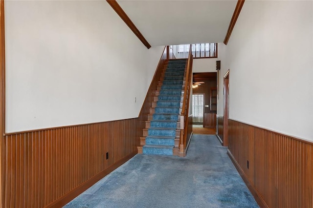 stairs featuring ceiling fan, carpet, and ornamental molding