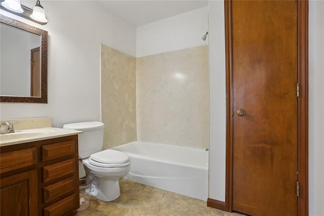 full bathroom featuring washtub / shower combination, vanity, and toilet