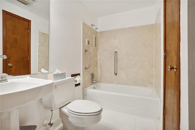 full bathroom with shower / tub combination, toilet, tile patterned floors, and sink