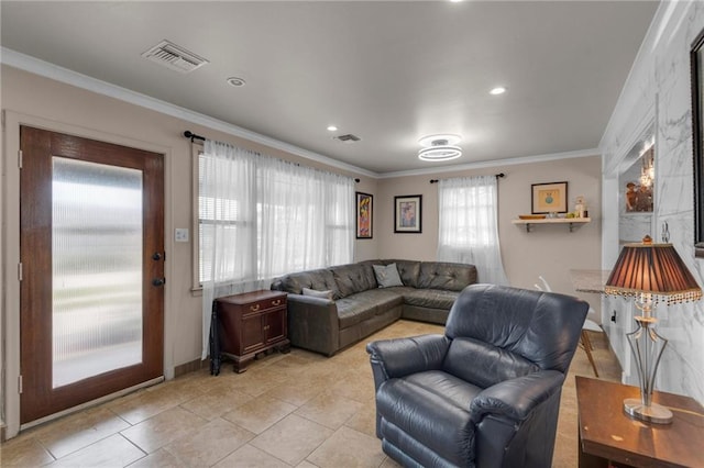 tiled living room featuring crown molding