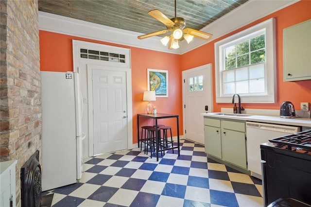 kitchen with ceiling fan, white appliances, sink, and wood ceiling