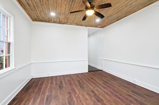 spare room featuring ceiling fan, wooden ceiling, dark hardwood / wood-style floors, and ornamental molding