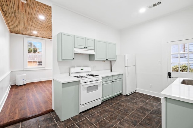 kitchen featuring white appliances, a wealth of natural light, wooden ceiling, and sink