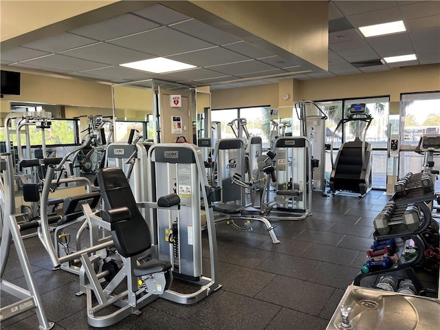 gym with a paneled ceiling and plenty of natural light