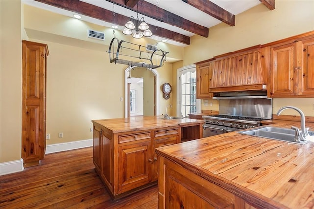 kitchen with wooden counters, high end stainless steel range oven, sink, pendant lighting, and a center island