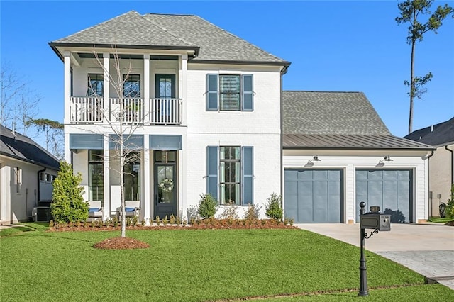 view of front facade with central AC, a front yard, and a garage