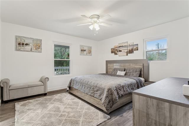 bedroom featuring multiple windows, ceiling fan, and wood-type flooring