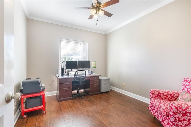 office featuring dark hardwood / wood-style flooring, ceiling fan, and crown molding