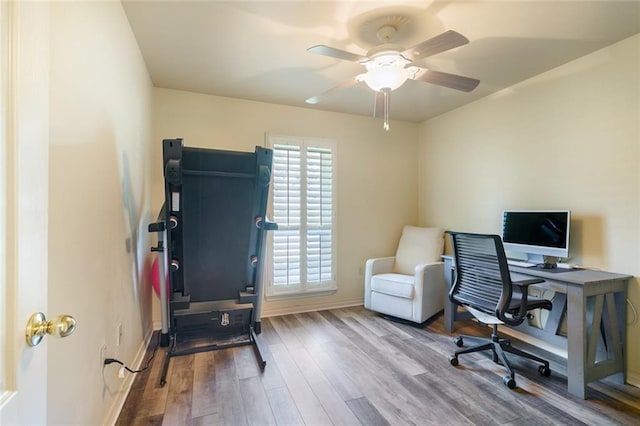 office with hardwood / wood-style floors and ceiling fan