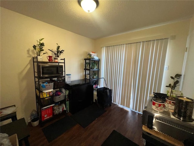 miscellaneous room featuring a textured ceiling and dark wood-type flooring