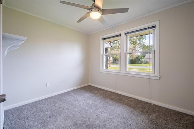 carpeted spare room with ceiling fan and crown molding