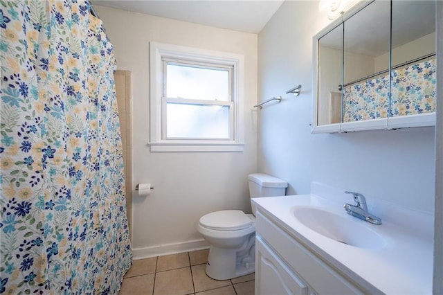 bathroom featuring walk in shower, tile patterned flooring, vanity, and toilet