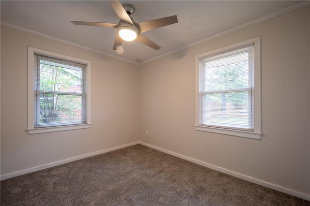 empty room featuring ceiling fan, carpet floors, and ornamental molding