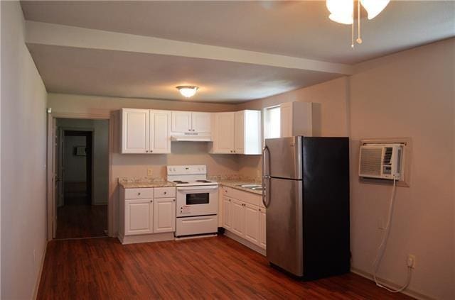 kitchen with white cabinets, white electric stove, stainless steel refrigerator, and dark wood-type flooring