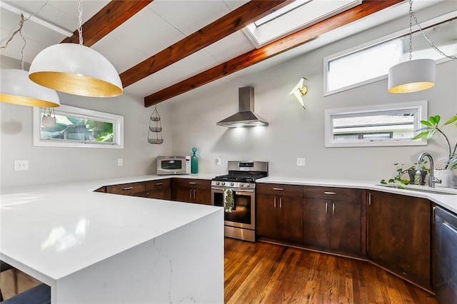 kitchen featuring vaulted ceiling with skylight, sink, wall chimney exhaust hood, and appliances with stainless steel finishes