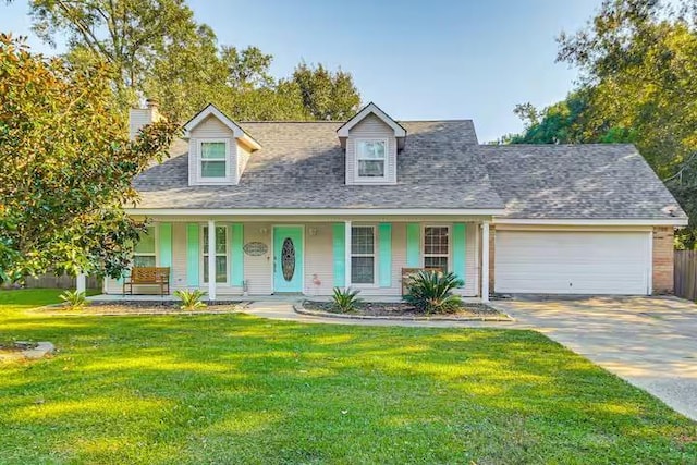 cape cod-style house featuring covered porch, a garage, and a front lawn