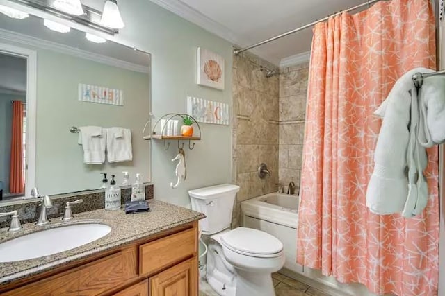 full bathroom featuring shower / bath combo, toilet, ornamental molding, and vanity