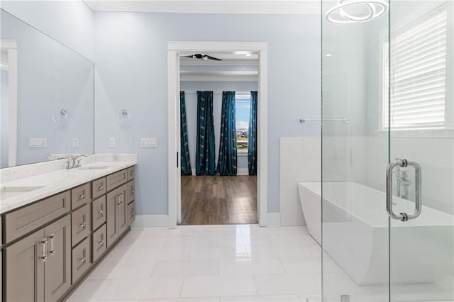 bathroom featuring vanity, plus walk in shower, crown molding, tile patterned flooring, and ceiling fan