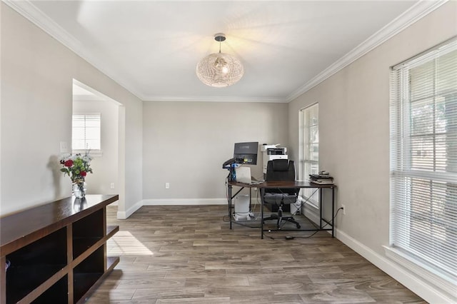 home office with wood-type flooring and crown molding