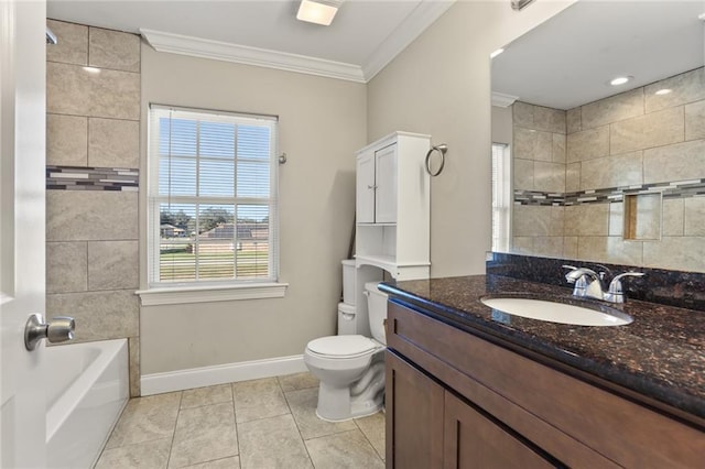 full bathroom with tiled shower / bath combo, tile patterned floors, crown molding, toilet, and vanity