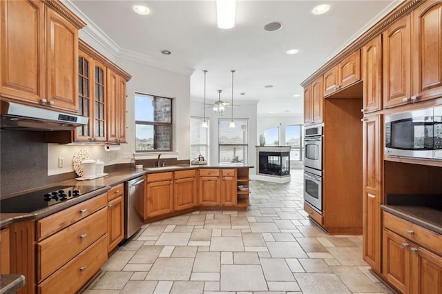 kitchen with sink, crown molding, ceiling fan, appliances with stainless steel finishes, and hanging light fixtures