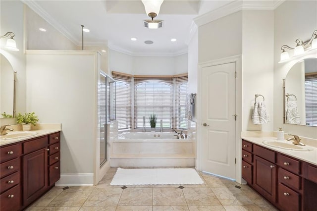 full bathroom with a bath, visible vents, a stall shower, and a sink