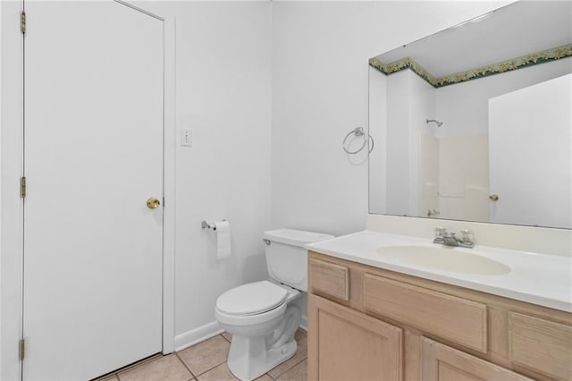 bathroom with tile patterned floors, vanity, toilet, and walk in shower