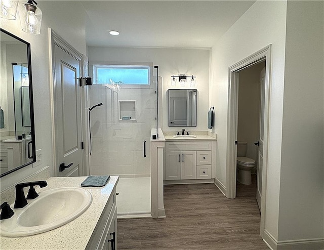 bathroom with vanity, toilet, wood-type flooring, and a shower