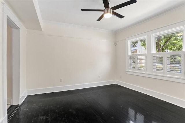 spare room featuring ornamental molding, wood-type flooring, and ceiling fan