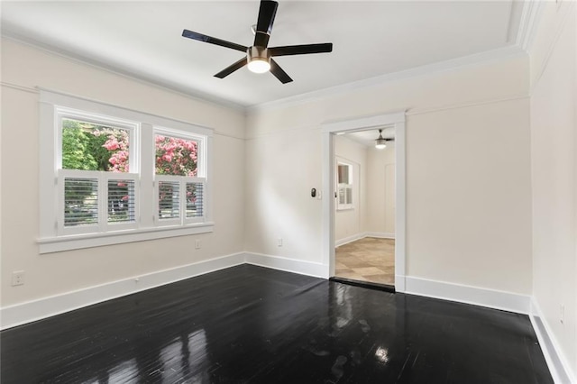 unfurnished room with wood-type flooring, ceiling fan, and crown molding