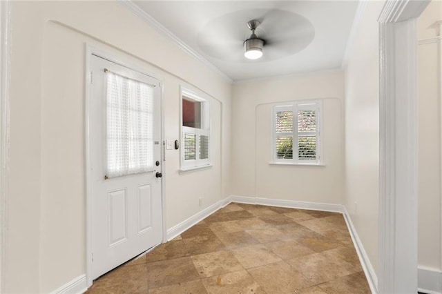 entryway featuring crown molding and ceiling fan