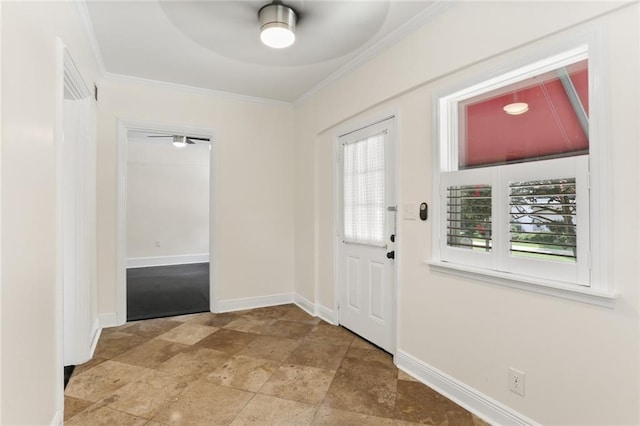 doorway to outside featuring crown molding, a healthy amount of sunlight, and ceiling fan