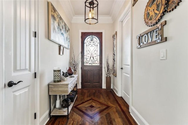 entryway featuring crown molding and dark parquet floors