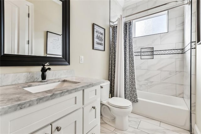 full bathroom featuring vanity, toilet, and shower / tub combo with curtain