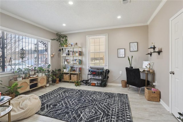 interior space featuring a textured ceiling, a wealth of natural light, and ornamental molding