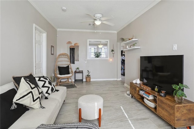 living room featuring ceiling fan and ornamental molding