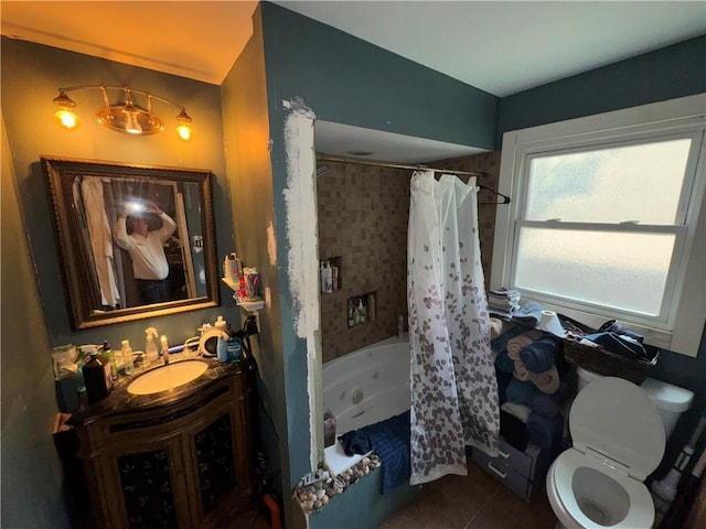 full bathroom with tile patterned flooring, vanity, toilet, and shower / tub combo