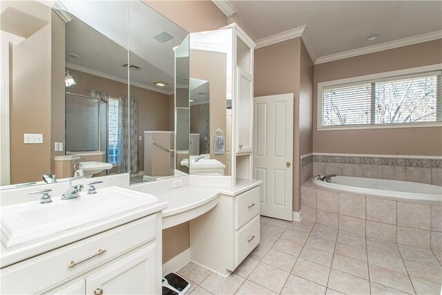 bathroom with tile patterned floors, vanity, ornamental molding, and plus walk in shower