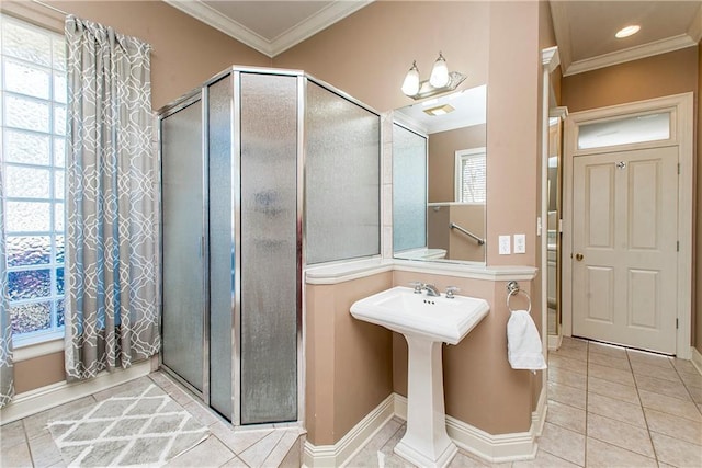 bathroom featuring tile patterned flooring, a shower, and crown molding