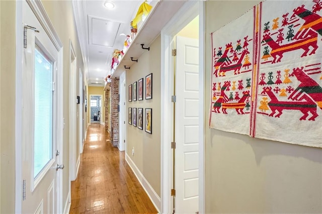 corridor with hardwood / wood-style flooring and ornamental molding