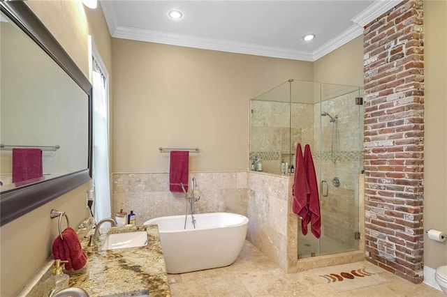 full bathroom featuring toilet, tile patterned floors, independent shower and bath, and crown molding