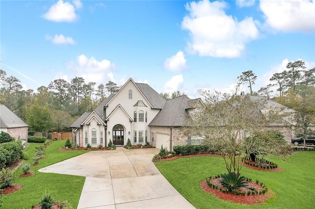 french country inspired facade featuring a front yard