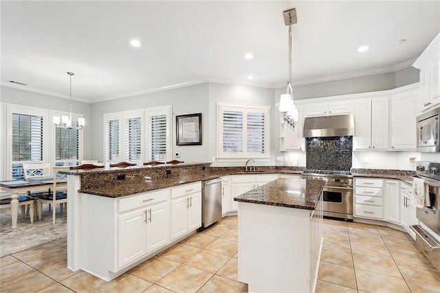 kitchen featuring pendant lighting, a kitchen island, white cabinetry, and appliances with stainless steel finishes