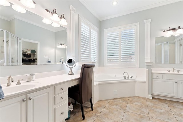 bathroom featuring separate shower and tub, crown molding, tile patterned flooring, and vanity